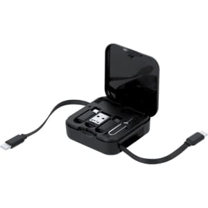 A charging cable set in a compact black case, featuring multiple cable types and connectors. The case is open.