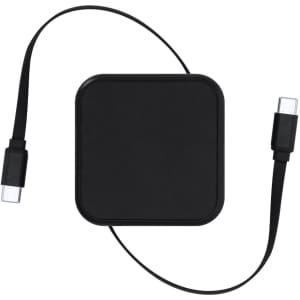 A black charging cable set with a square holder and connections on both ends. It features a logo.