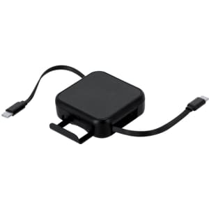 A black charging cable set featuring retractable USB-C and other connectors, housed in a compact square case.