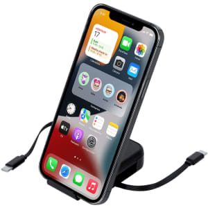 A smartphone displayed on a charging dock with a black cable, featuring a sleek design and modern interface.