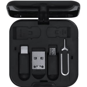 A black charging cable set in a compact case, featuring USB, Lightning, and micro USB connectors, plus a SIM ejector tool.