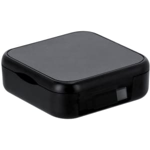 A black charging cable set enclosed in a compact square case with a snap closure. Features a logo on the surface.