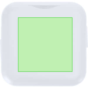 A white charging cable set with a green square section, featuring a logo on the surface.