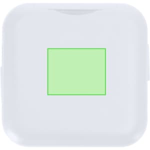 A white charging cable set in a compact case with a square section on the front, featuring a logo.
