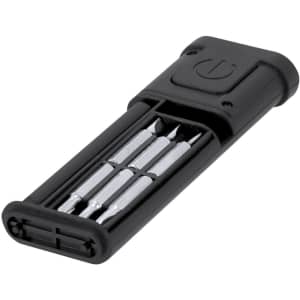 A black tool set featuring multiple screwdriver bits in a compact holder with a logo.