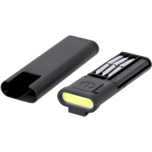 A black tool set featuring a compact design with multiple screwdriver bits and a storage case.