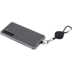 A clear phone case with a black retractable holder attached, featuring a carabiner clip for easy attachment.