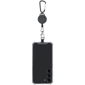 A clear phone holder with a black clip attached, designed for secure phone storage in a car.