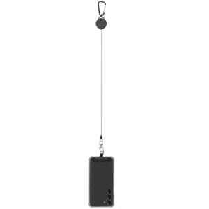 A black phone holder with a retractable cord and a carabiner clip for easy attachment. It features a sleek design.