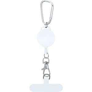 A white retractable badge holder with a clip and carabiner attachment for secure carrying.