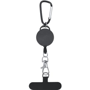A black retractable phone holder featuring a carabiner clip and a swivel lobster clasp for secure attachment.