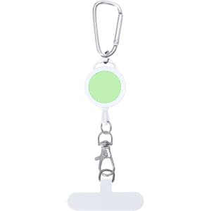 A green and white retractable badge holder with a carabiner clip and a lobster claw attachment.