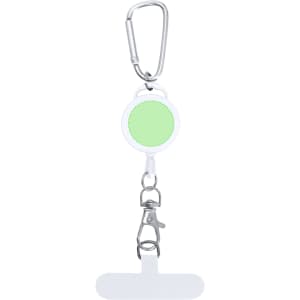 A green circular phone holder with a white clip and carabiner attachment. Features a silver lobster claw clasp.