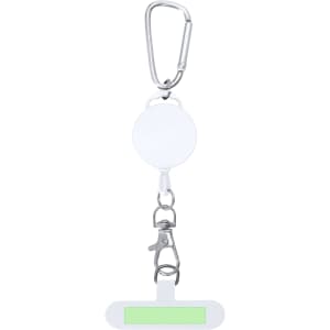 A white retractable badge holder with a carabiner clip and a green attached strap. It has a metallic clip for secure attachment.