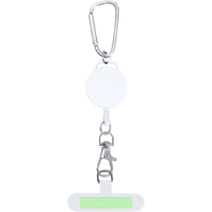 A white retractable holder with a clip and a carabiner, featuring a green section for identification.