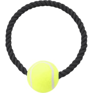 A yellow tennis ball attached to a black rope, designed as a dog chew toy. Features a logo on the product.