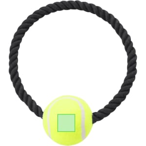 A yellow tennis ball attached to a black rope, designed as a dog chew toy.