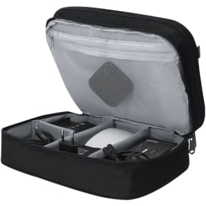 A black organiser case with a mesh pocket and compartments holding chargers and electronic accessories.