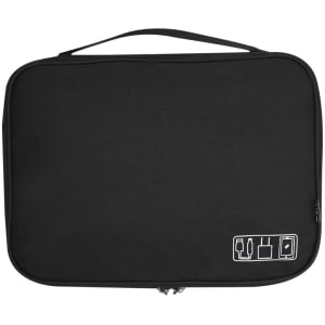 A black organiser case with a handle and various icon outlines on the front, featuring a zip closure.