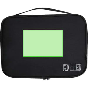 A black organiser case featuring a green section on the front and small icons for storage options.