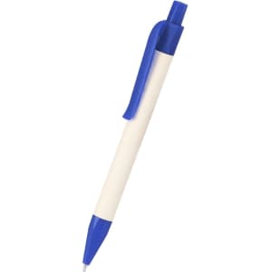 A ballpoint pen with a blue tip and clip, featuring a cream-coloured barrel and a branding logo.