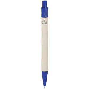 A blue and wooden pen featuring a branding logo at the top. The pen has a smooth finish and a click mechanism.