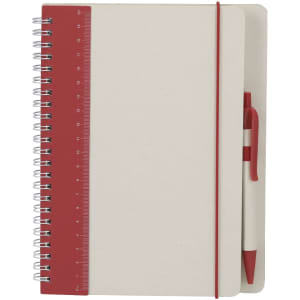 A spiral-bound notebook in cream with a red edge and a matching pen, featuring a ruler design on the cover.