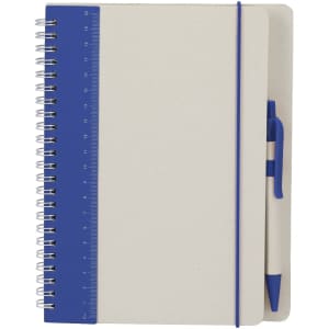A notebook with a blue and cream cover, featuring a ruler along the edge and a blue pen attached.