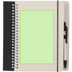 A spiral-bound notebook with a plain green cover and a black elastic band, accompanied by a black pen.