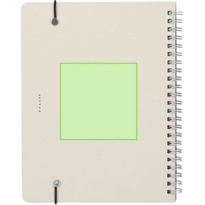 A light grey notebook with a spiral binding and a green square on the cover, featuring a logo.