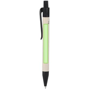 A pen with a black point and clip, featuring a light green section on its barrel. It has a simple design and branding.