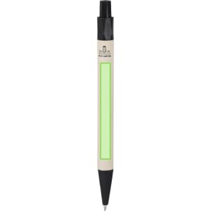 A pen with a black top and a beige body featuring a green section. It has a logo on the upper part.