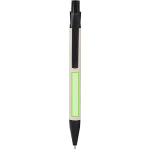 A pen with a green body and black accents, featuring a smooth writing tip and an integrated clip.