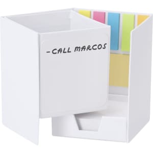 A white notepad pencil holder with multi-coloured sticky notes and a drawer for storage. Features a branding logo.