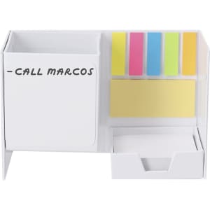 A white notepad pencil holder with compartments for sticky notes and a drawer for notes. Features a logo on the side.