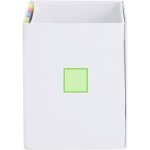 A white notepad holder with a square green accent and coloured sticky note tabs at the top. It has a branding logo.