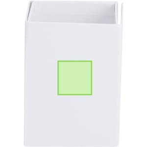 A white pencil holder with a green square design and an empty compartment for storage.