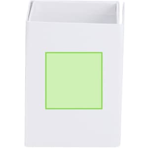 A white pencil holder notepad with a green square area for notes. It has a simple, modern design.