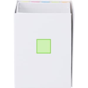 A white notepad pencil holder with a green square design, featuring assorted coloured tabs at the top.