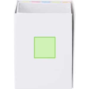 A white notepad pencil holder with colourful tabs and a green square on the front, featuring a logo.