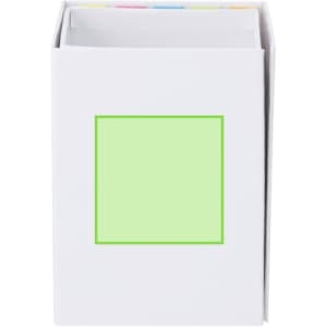 A white notepad pencil holder with a green outline square and multiple tabs in various colours on top.
