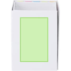 A white notepad pencil holder with a green bordered whiteboard section and colourful tabs at the top.
