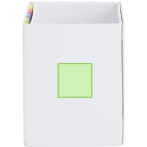 A white notepad and pencil holder featuring a green square, with coloured index tabs on top.