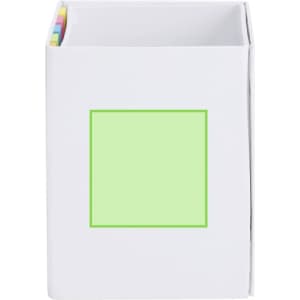 A white notepad pencil holder with a green square area, featuring multi-coloured tabs at the top.