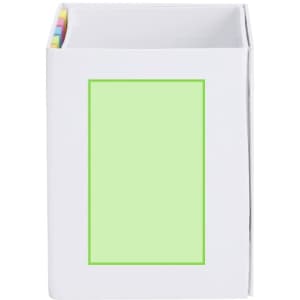 A white notepad pencil holder with a green blank area and colourful tabs on the side. It features a logo.