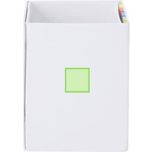 A white pencil holder notepad with a green square on the front and colourful tabs visible at the top.