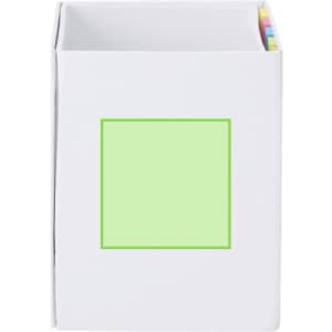 A white notepad pencil holder features a green square section and colourful tabs on the side. Includes a logo.
