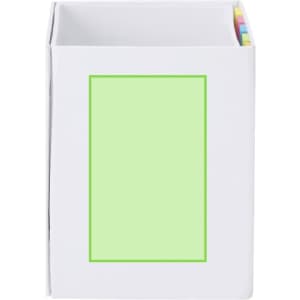 A white notepad pencil holder with a green framed area, featuring multiple tabs in various colours.