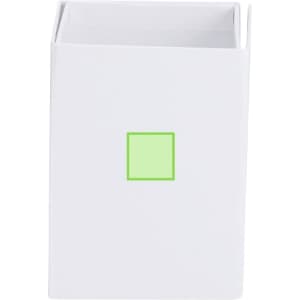 A white pencil holder with a green square design. It features a smooth, modern finish suitable for office use.