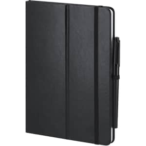 A black notepad with a textured cover, featuring an elastic closure and a pen holder attached.